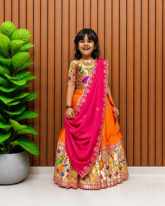kids pure heavy paithani silk Orange Kids ethnic wear supplier in Hyderabad